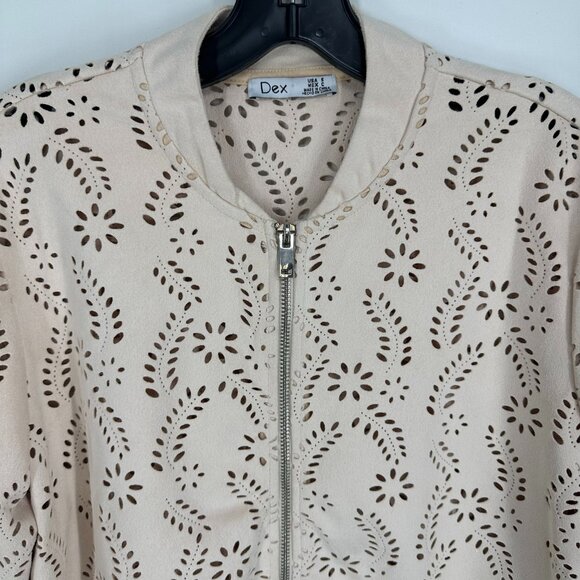 3/$25 Dex Faux Suede Bomber Jacket S Eyelet Floral Laser Cut Out Zip Up Beige - Picture 8 of 9
